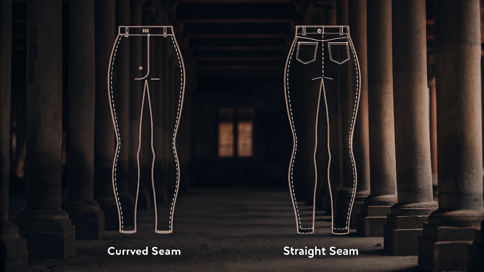 Shape Analysis: Barrel vs. Stovepipe Line drawing comparing the curved outer seam of a barrel jean vs the straight seam of a stovepipe jean.