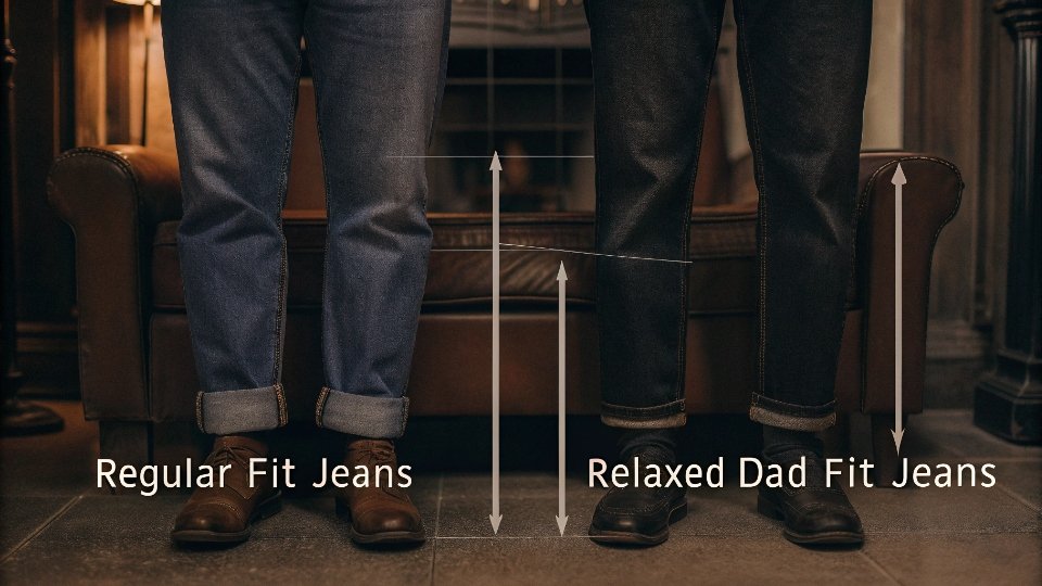 Regular vs. Relaxed Seat Diagram showing the "seat" measurement difference between a regular fit and a relaxed dad fit.
