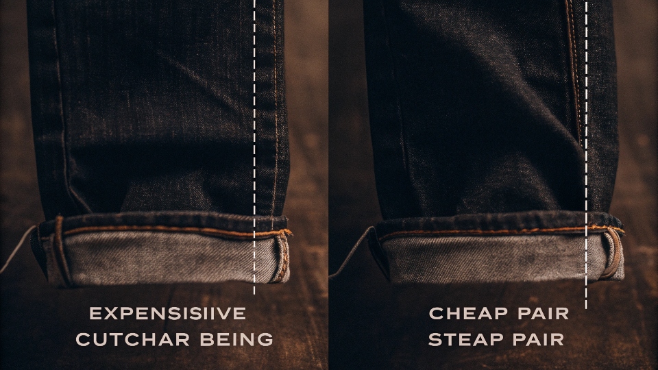 Comparing the Craftsmanship of Expensive vs. Cheap Jeans A detailed shot comparing the sturdy, clean stitching on an expensive jean to the messy, frayed stitching on a cheap one.