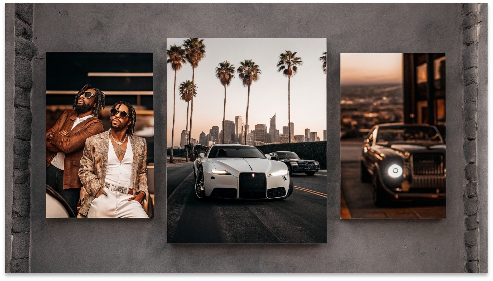 The Amiri Lifestyle: Rock and Luxury A mood board showing rock stars, luxury cars, and the Los Angeles skyline.