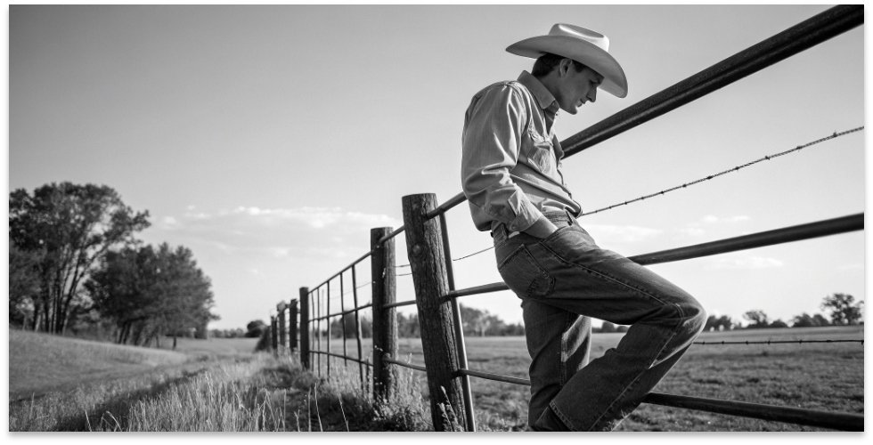 The Iconic Starched Jeans of a Cowboy A classic black and white photo of a cowboy with sharply creased jeans, leaning against a fence.