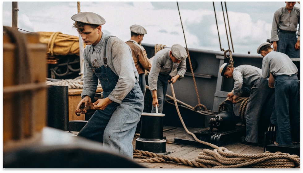 US Navy Sailors in WWII Denim Uniforms A black and white historical photo of US Navy sailors on the deck of a ship, working in denim dungarees.