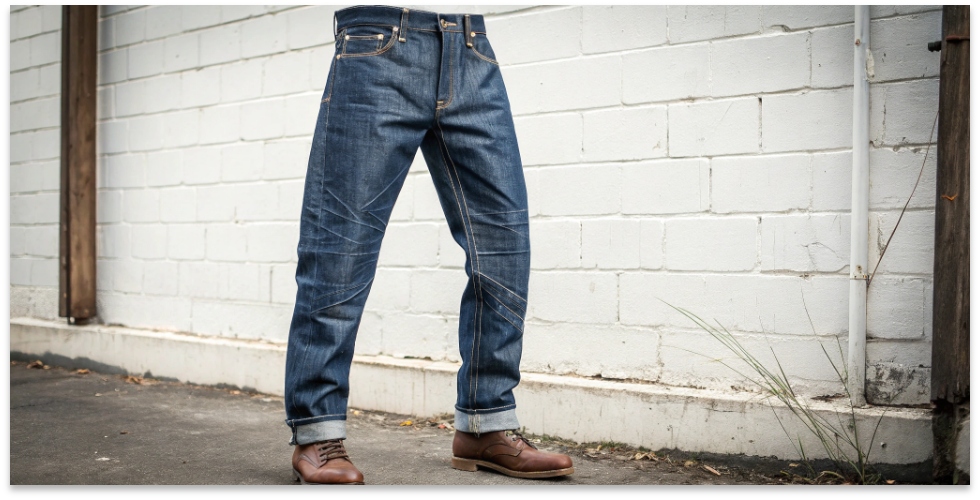 The Ultimate Stiff Jeans: Standing on Their Own A pair of heavily starched jeans standing upright on their own, showcasing their extreme stiffness.