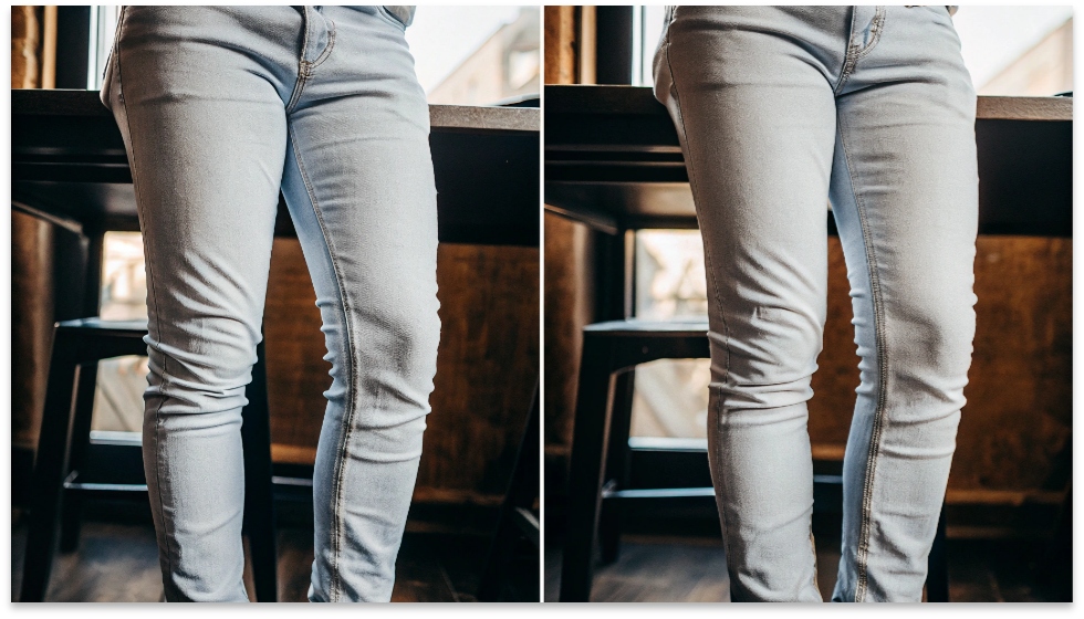 The Progression of Denim Sag A side-by-side comparison of jeans in the morning (crisp) vs. the afternoon (saggy knees).