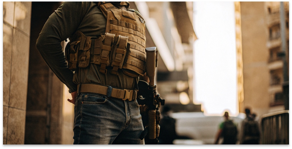 Special Forces Operator in Civilian Attire An elite soldier in a discreet urban setting, wearing jeans and a tactical vest over a civilian shirt.