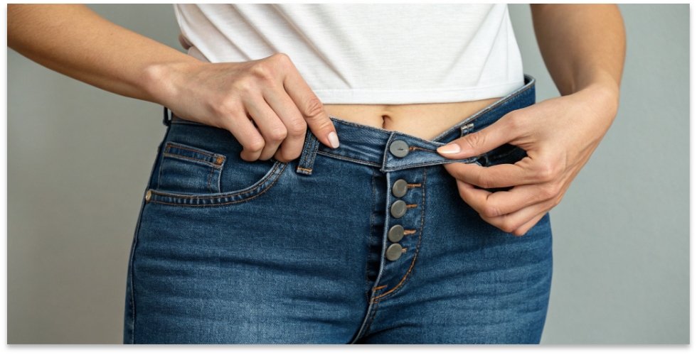 Checking Jean Fit with the Two-Finger Rule A person demonstrating the two-finger rule, sliding their fingers into the waistband of their jeans.