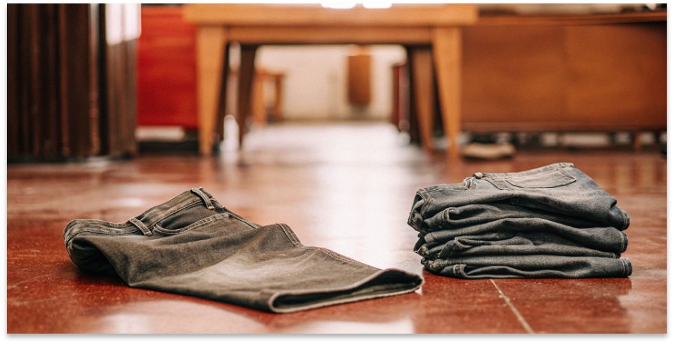 Classic, Durable Jeans for Tactical Use A collection of classic, dark-wash jeans from brands like Levi's and Wrangler laid out on a table.