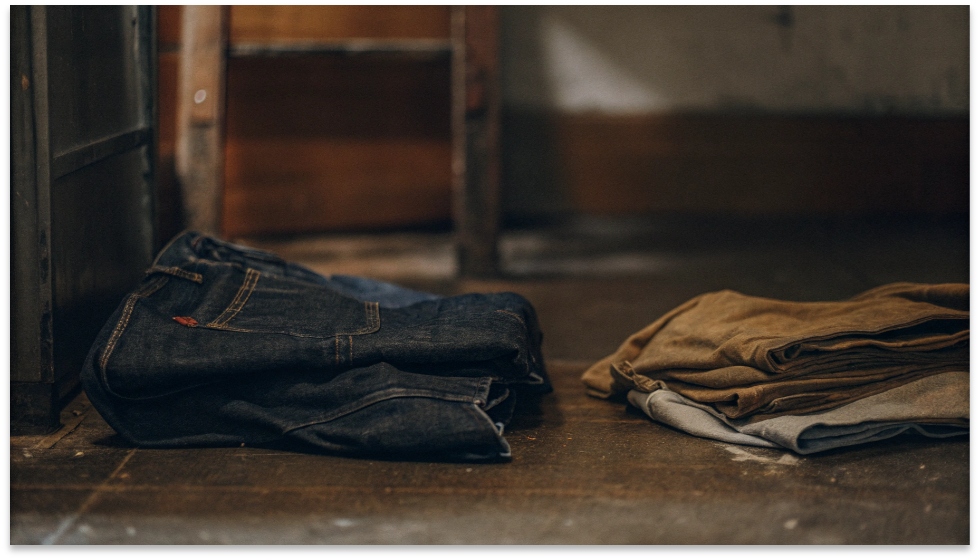 Loss of Shape: Damaged Denim Fibers A wrinkled, misshapen pair of jeans lying on the floor next to a neatly folded, crisp pair.