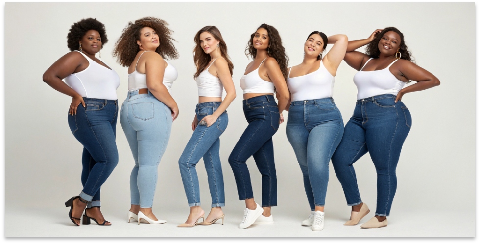 Barrel Jeans Flattering Different Body Types A diverse group of women with different body types all looking great in barrel jeans.