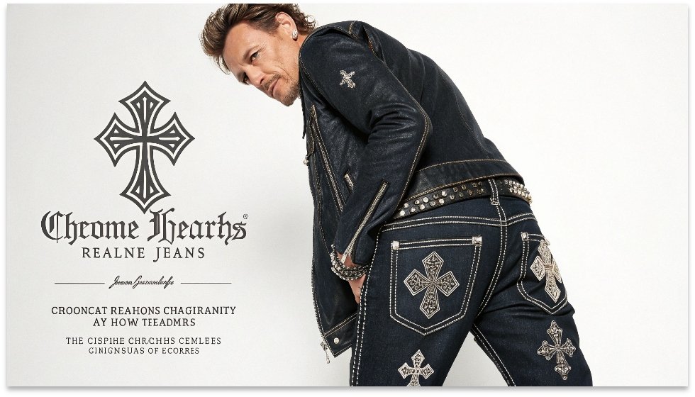 Celebrity Style with Chrome Hearts Denim A celebrity wearing iconic Chrome Hearts jeans with distinctive leather crosses and silver hardware.