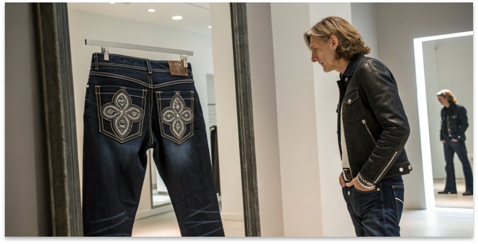 Contemplating the Value of Luxury Denim A person looking thoughtfully at a pair of Chrome Hearts jeans in a mirror, contemplating the purchase.