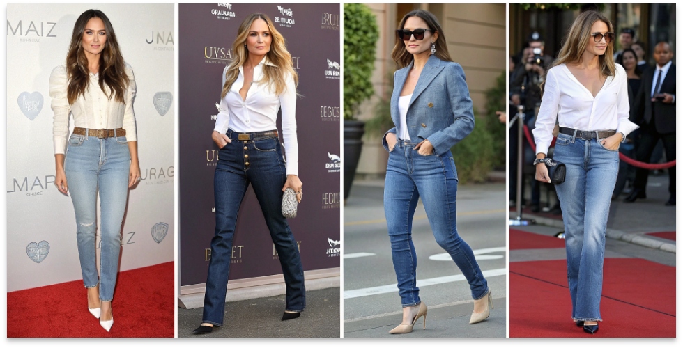 Celebrities Wearing Mother Denim A stylish collage showcasing different celebrities wearing various styles of Mother jeans.