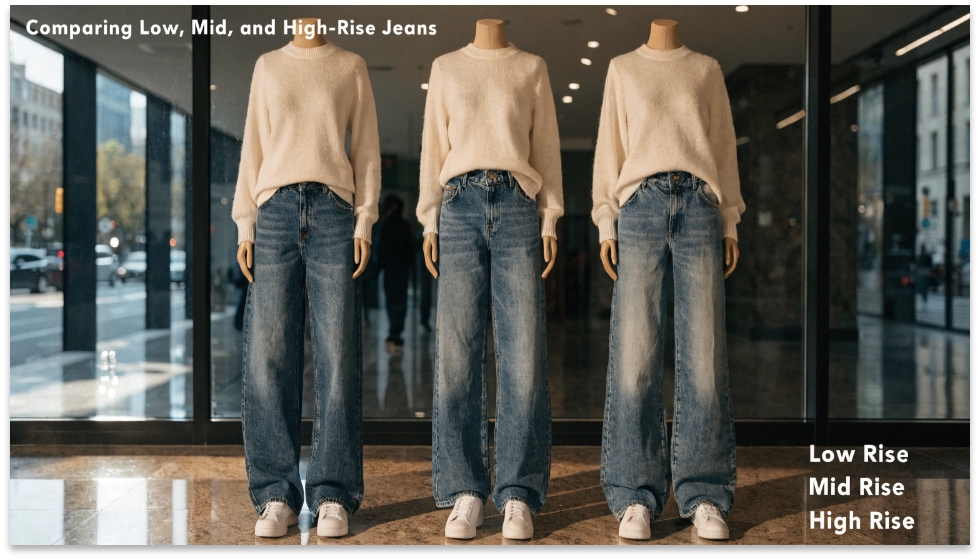 Comparing Low, Mid, and High-Rise Jeans A lineup of three mannequins showing low-rise, mid-rise, and high-rise jeans to compare where the waistbands sit.