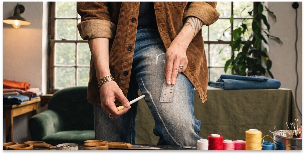 Marking the Cut Line on Jeans A person wearing jeans and using chalk to mark the cut line on their thigh.