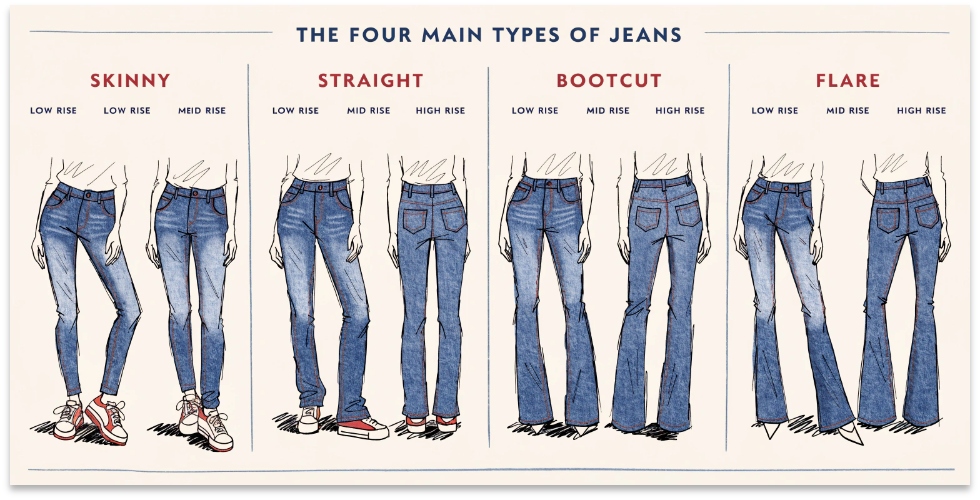 Four main types of jean cuts An illustration showing the four main leg shapes of jeans: skinny, straight, bootcut, and flare.