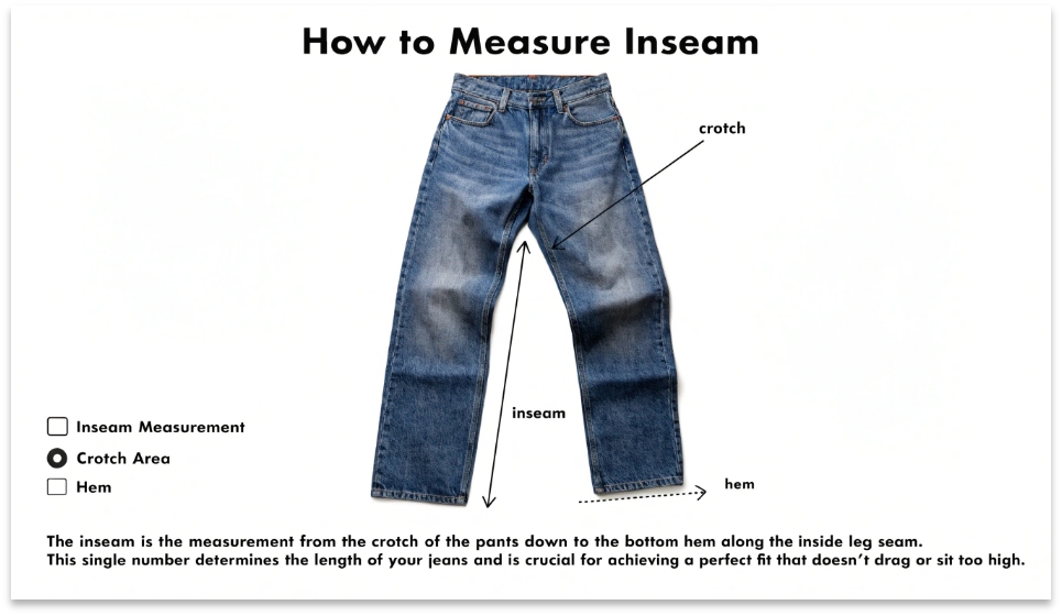 Measuring the Inseam on a Pair of Jeans A clear diagram illustrating the inseam measurement on a pair of jeans laid flat.