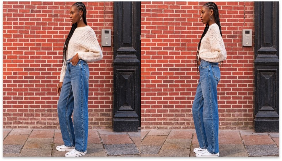 Waistband Placement: High-Rise vs. Low-Rise Jeans A side-by-side comparison showing the same person wearing high-rise jeans and low-rise jeans.