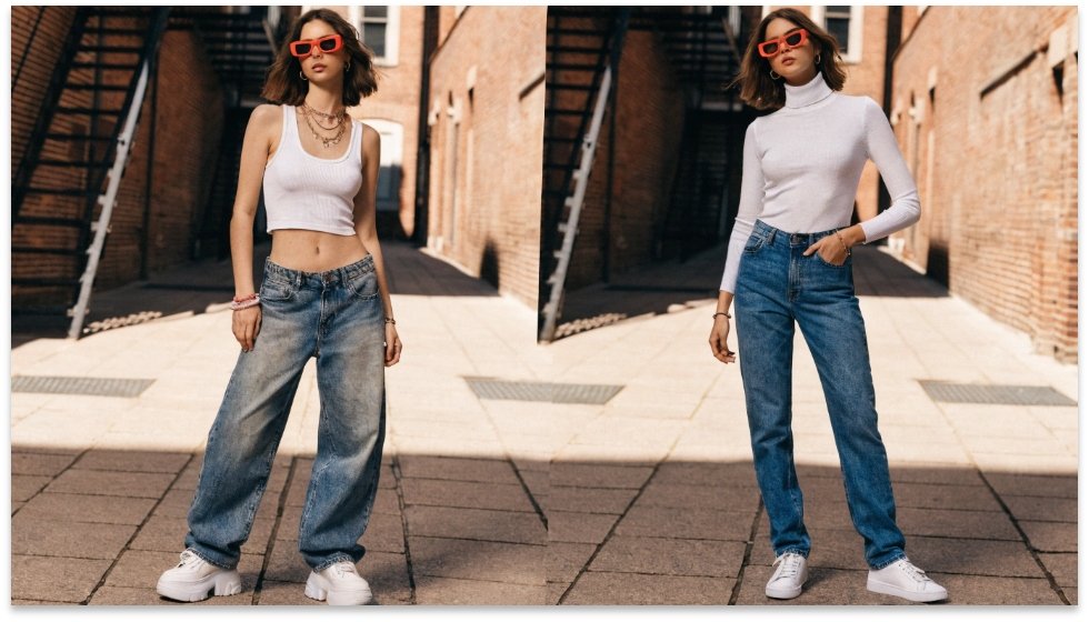 Low-cut vs High-cut jeans A split image showing a model in low-cut jeans on one side and high-cut jeans on the other.