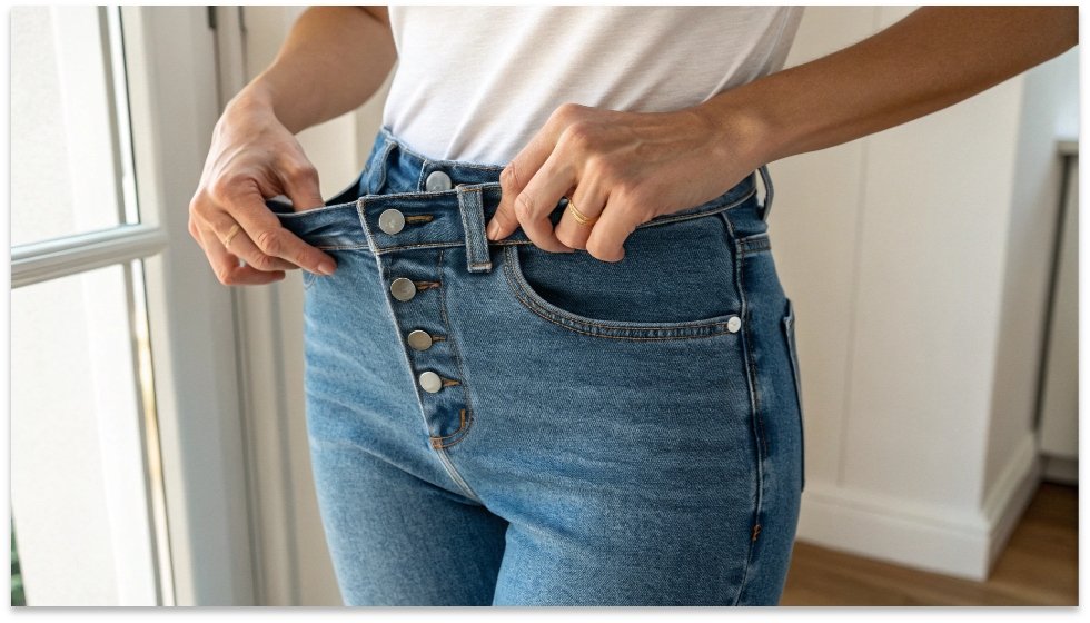 Checking Jean Fit with the Two-Finger Rule A person demonstrating the two-finger rule, sliding their fingers into the waistband of their jeans.