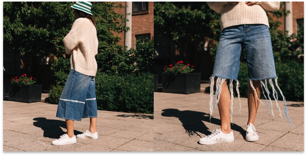 From Jeans to Frayed Shorts A before-and-after shot showing a pair of jeans with a chalk line and the finished frayed shorts.