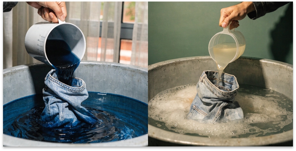 Dyeing vs. Bleaching Denim A split image showing the process of adding dye to a sink on one side, and pouring bleach into water on the other.