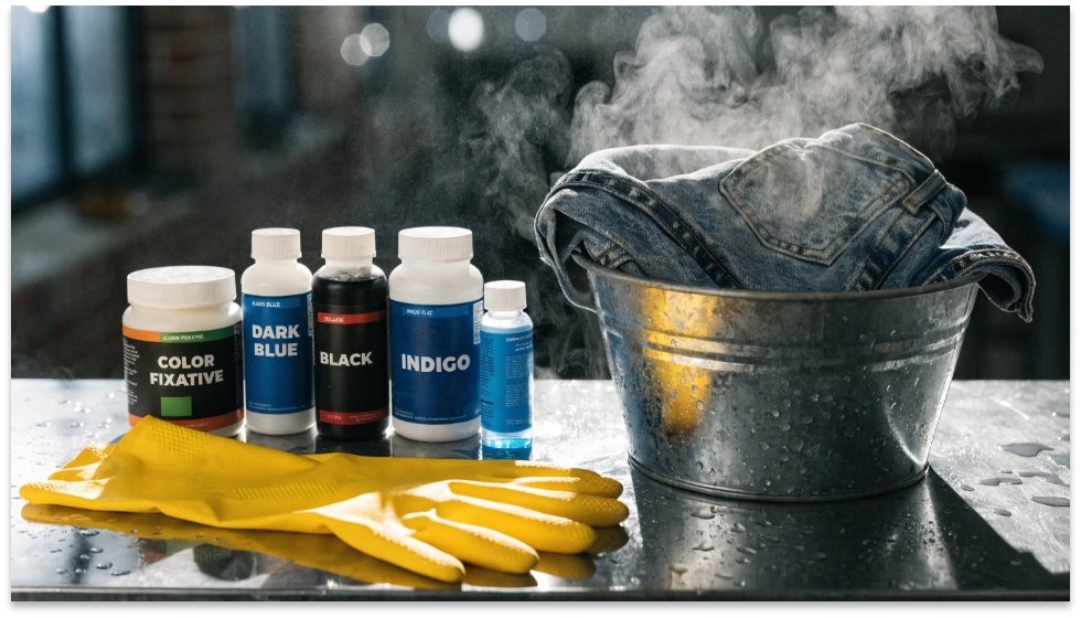 Supplies for Dyeing Jeans Darker A collection of fabric dyes, a pair of jeans, and rubber gloves ready for a DIY project.