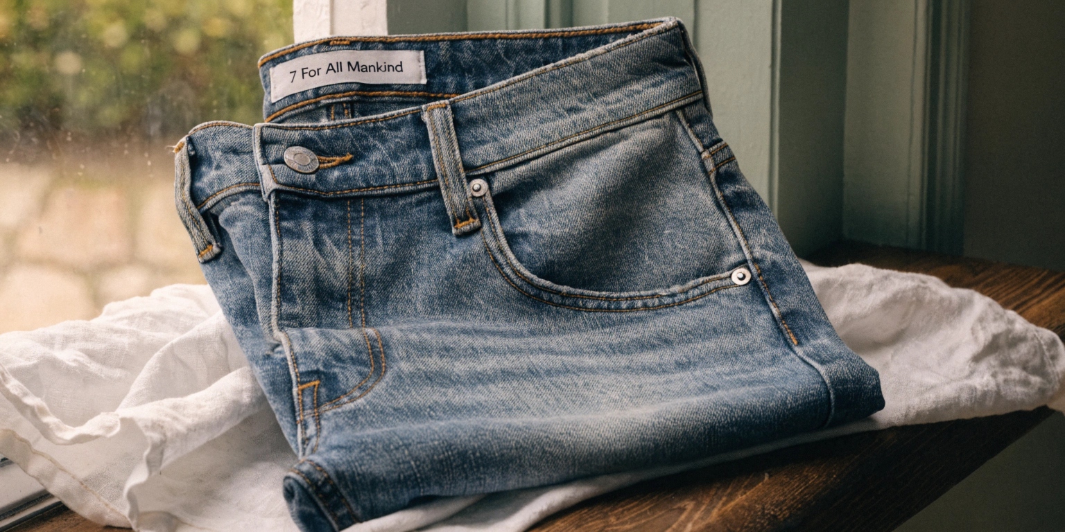A classic pair of 7 For All Mankind jeans folded neatly, showing the iconic pocket stitching.