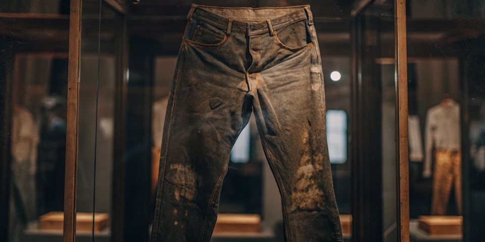 Extremely rare and expensive vintage jeans A photo of a very old, preserved pair of vintage jeans in a museum display case.