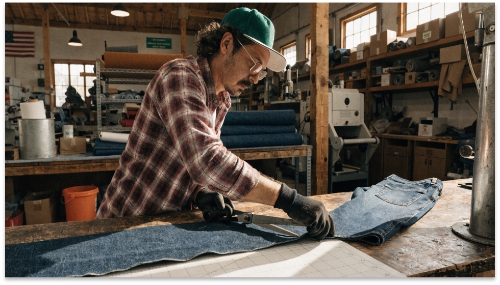 Crafting American selvedge jeans A denim artisan cutting fabric in a workshop in the USA.