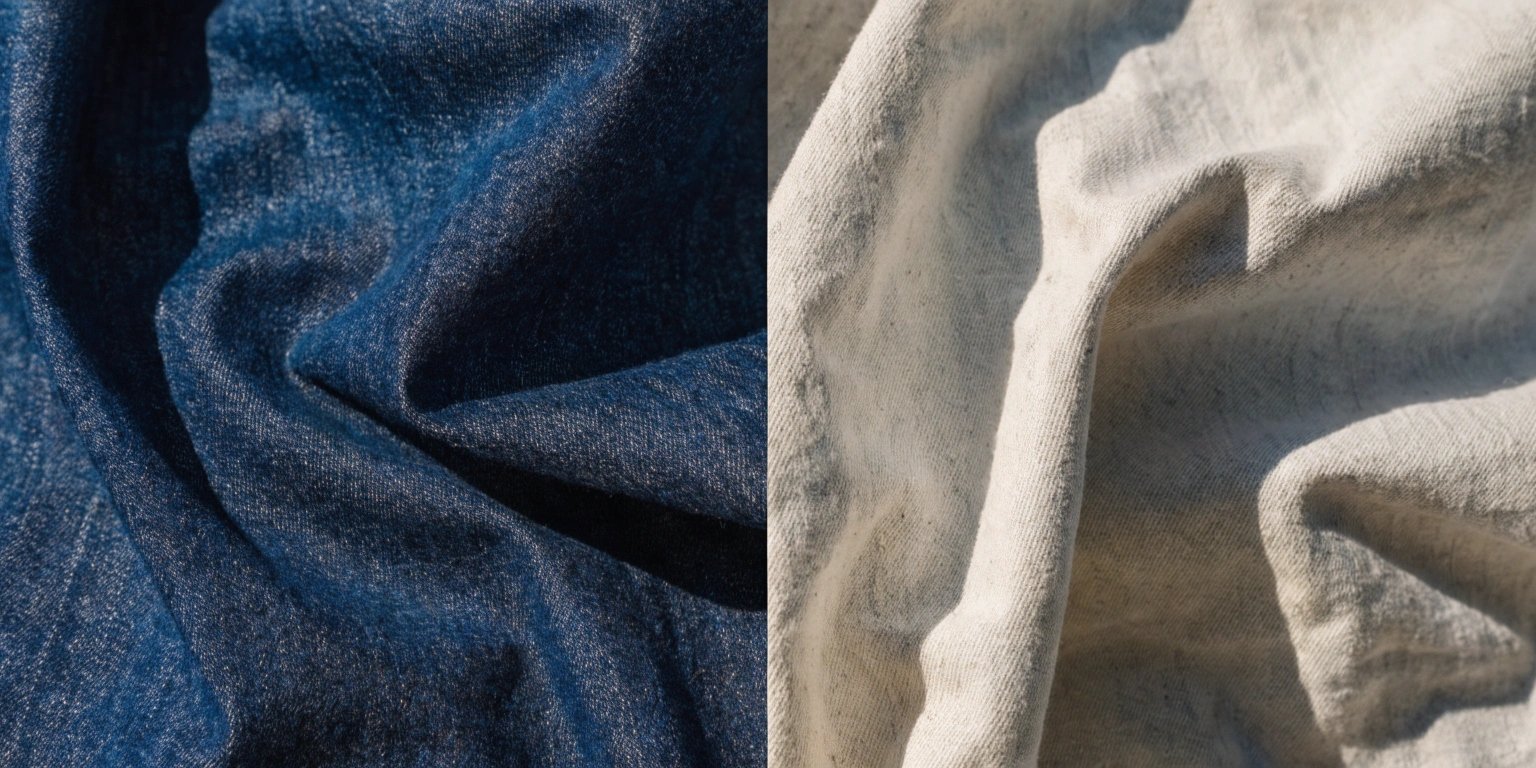 A split image showing the blue front and the lighter, whitish back of a piece of denim fabric.