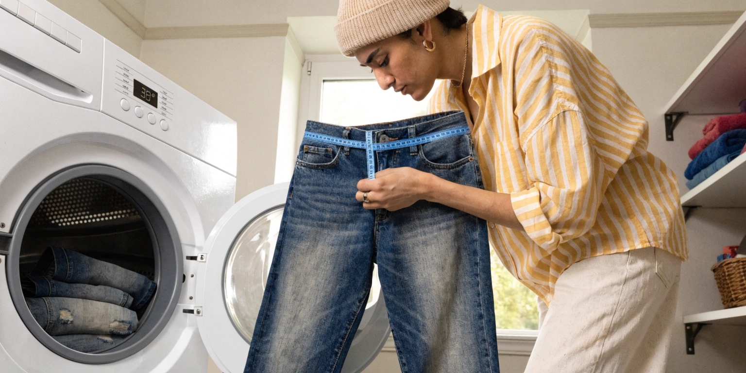 A person holding a measuring tape against the waistband of a pair of jeans to show they have not shrunk.