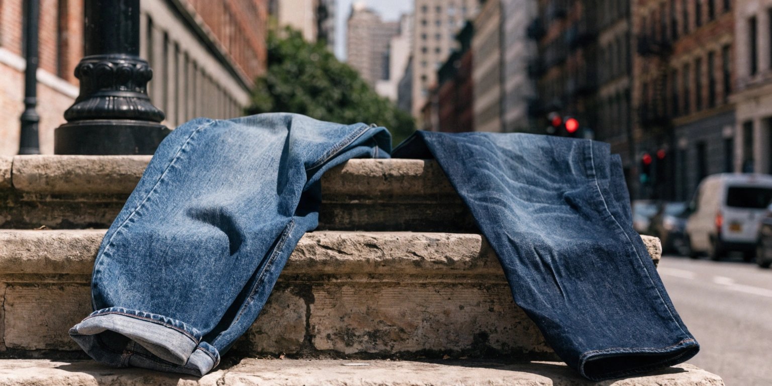 An image comparing the thick, durable denim of an older pair of jeans with the thinner, stretchier fabric of a newer pair.