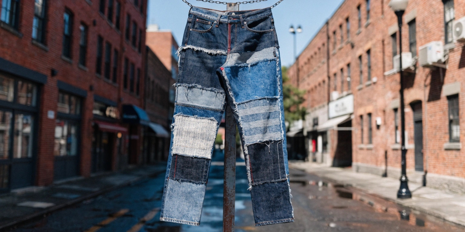 An image of a pair of highly detailed, artisanal Japanese selvedge jeans with intricate "Boro" patchwork.