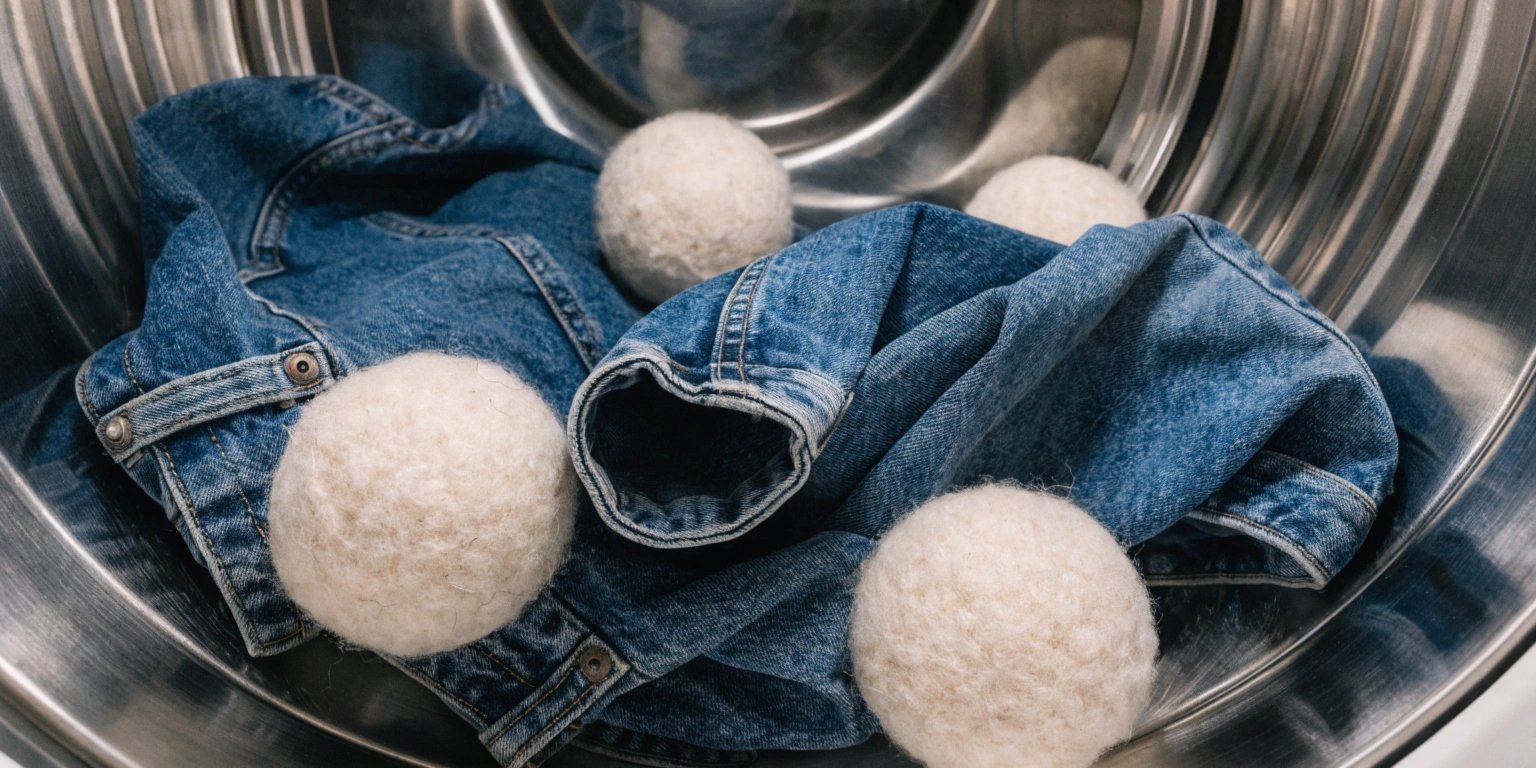 A pair of jeans tumbling in a dryer with several wool dryer balls.