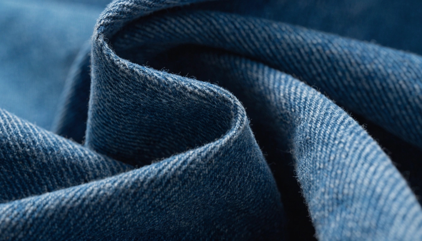 A macro close-up shot of denim fabric, clearly showing the diagonal lines of the twill weave.