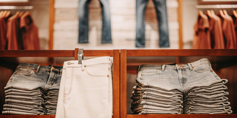 Selvedge denim at American Eagle A display inside an American Eagle store showing a pair of selvedge jeans.