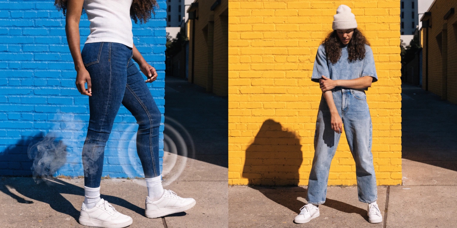 A side-by-side comparison of a person in ultra-skinny jeans and another person in relaxed-fit straight-leg jeans.