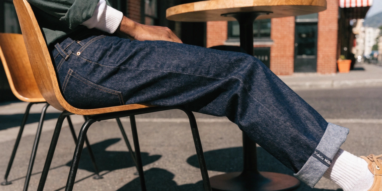 A pair of stiff selvedge jeans standing up on their own against a white background.