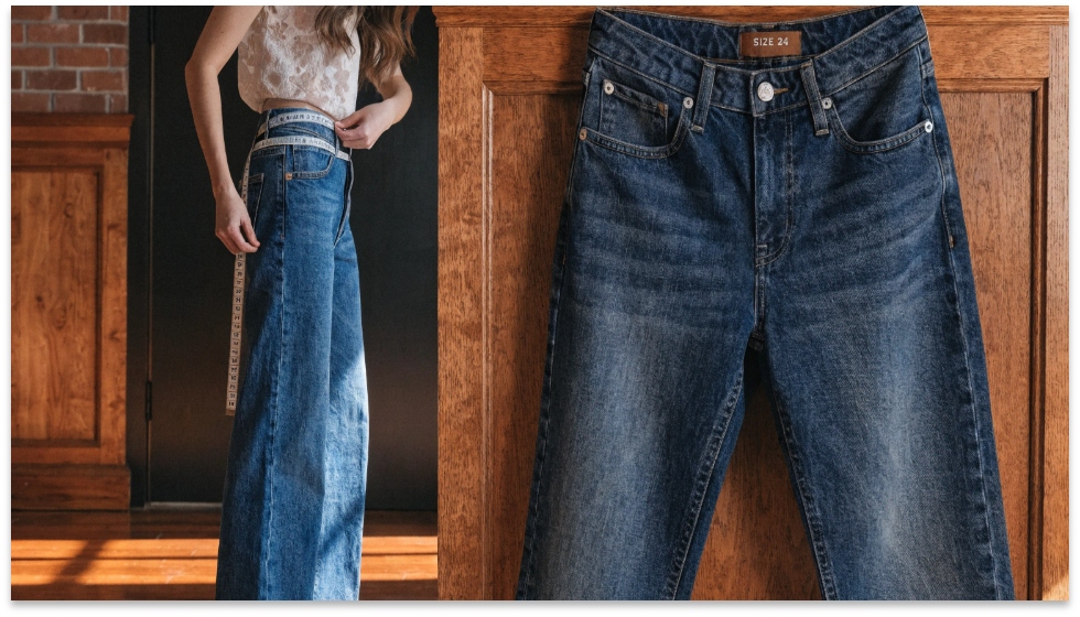 Comparing Waist Measurement to Jean Size A person measuring their waist with a tape measure next to a pair of jeans with a size tag.