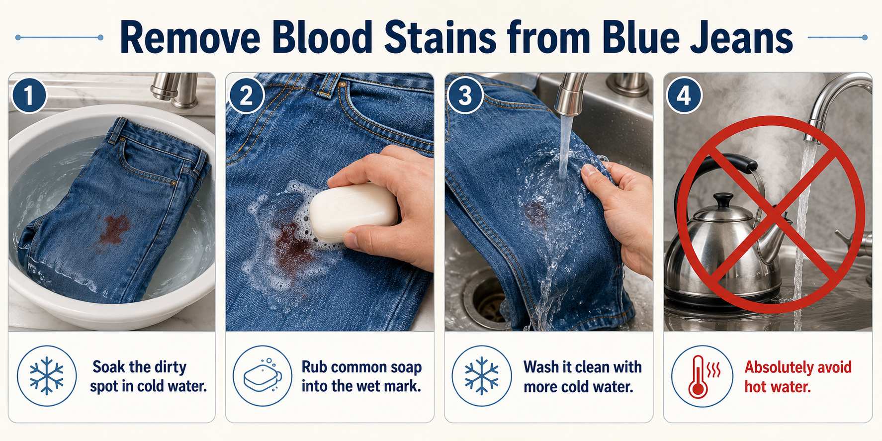 Remove blood stains from blue jeans Remove blood stains from blue jeans