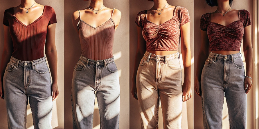 Tops to wear with low-rise baggy jeans A collection of tops like a crop top, bodysuit, and baby tee that pair well with baggy jeans.