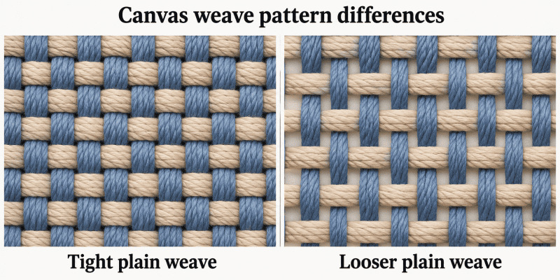 Canvas weave pattern differences A diagram showing a tight plain weave vs a looser weave.