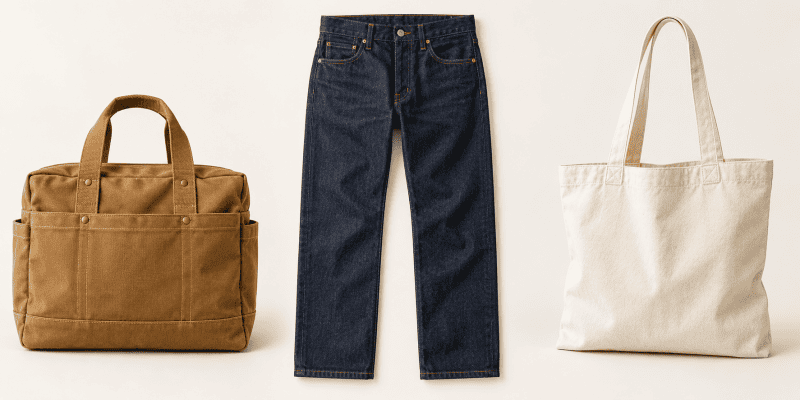 Comparing duck canvas, twill, and regular canvas products Three items side-by-side: a duck canvas bag, a pair of twill jeans, and a regular canvas tote.