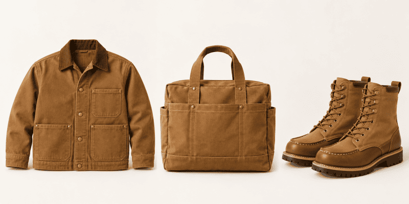 Products made from durable duck canvas A collage of products made from duck canvas: a Carhartt-style jacket, a sturdy tote bag, work boots.